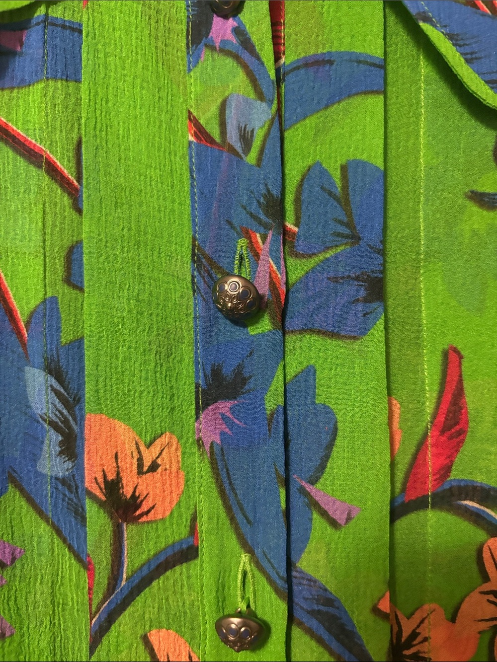 Etro Milano 100%silk Green Floral blouse with Blue and Coral Accents - Picture 3 of 7